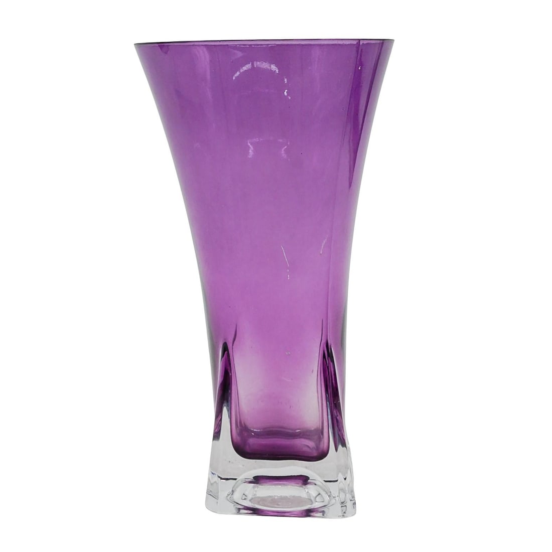 Vintage Amethyst Glass Vase: Vintage Amethyst Glass VaseLate 20th century, ContinentalA vintage purple glass vase features a deep amethyst color with a clear square glass base. The body gradually widens upward, transitioning into