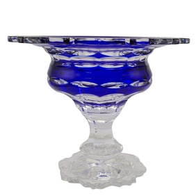 Bohemian Cobalt Blue Cut To Clear Glass Footed Centerpiece