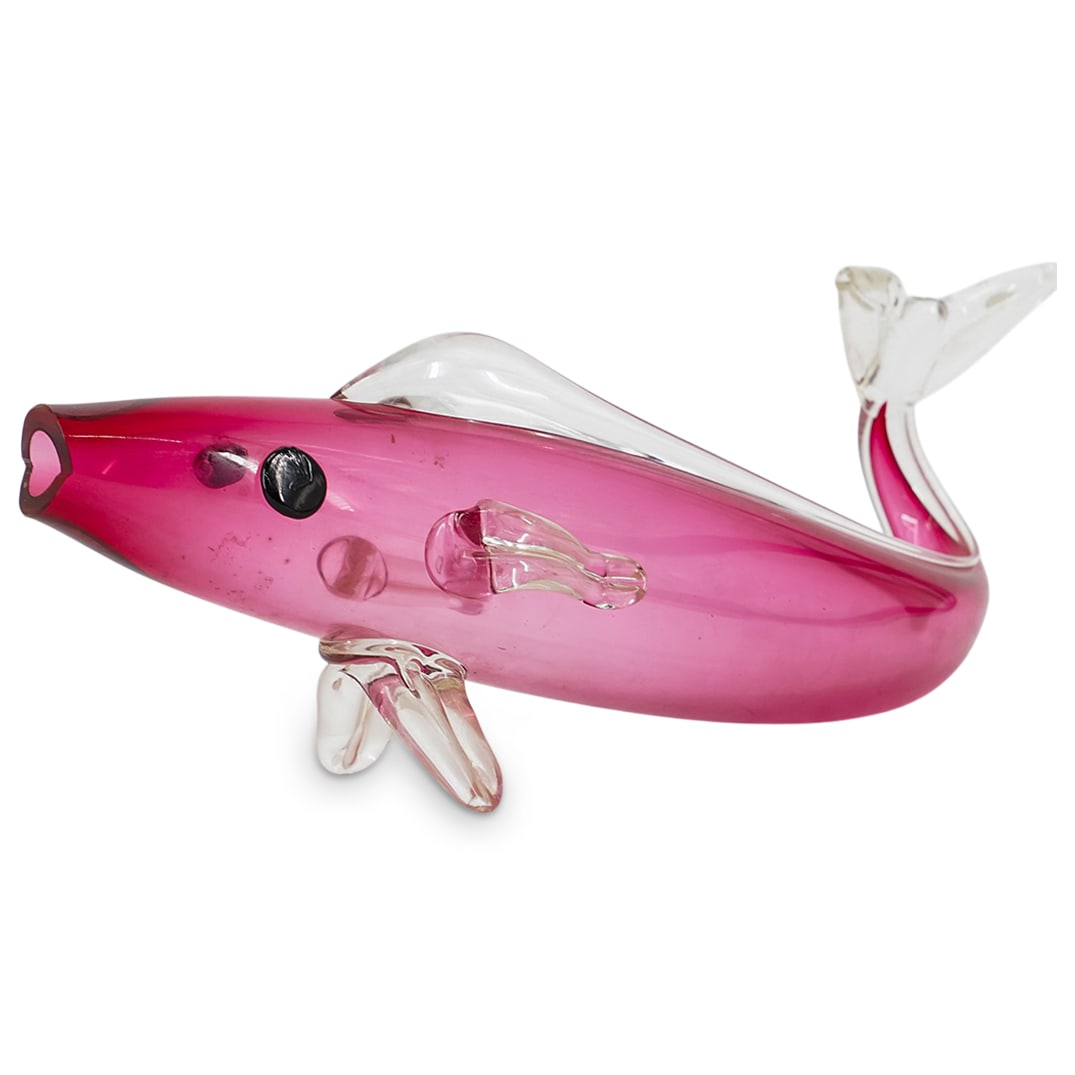 Large Art Glass Fish: Large Art Glass Fish 20th c., Czechoslovakia Large pink glass fish with clear fins, dark round eyes, and an open mouth. 19.75"L x 3.5"W x 7.75"H