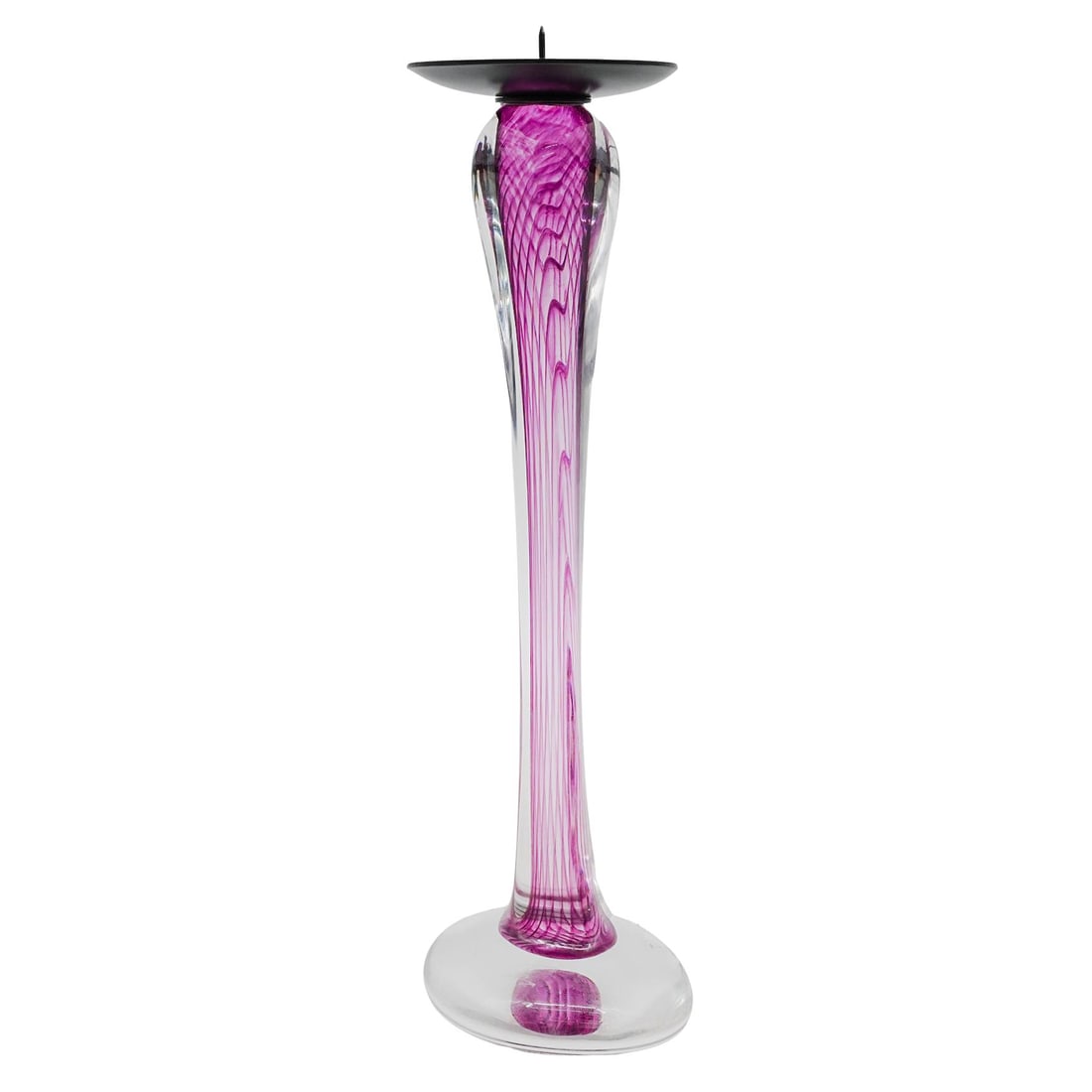 Signed Art Glass Candle Holder: Signed Art Glass Candle Holder 20th century, Continental A tall, slender art glass candle holder made of hand-blown glass in an amethyst color that transitions to clear at the base and dark at the top