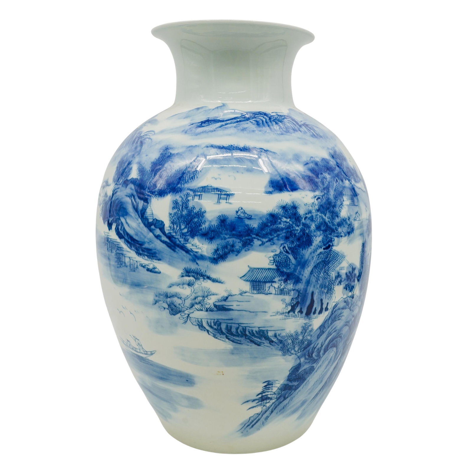 Large Chinese Blue and White Porcelain Vase: Large Chinese Blue and White Porcelain Vase 20th c., China Large bulbous vase with a narrower neck that flares at the top. The vase features a detailed 360 degree landscape scene with vague figures in