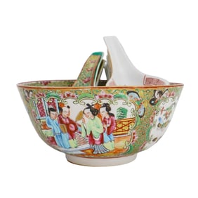 (14 Pcs) Chinese Rose Medallion Porcelain Bowl and Spoons