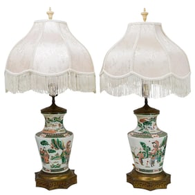 Pair of Antique Chinese Famile Verte Porcelain Lamps