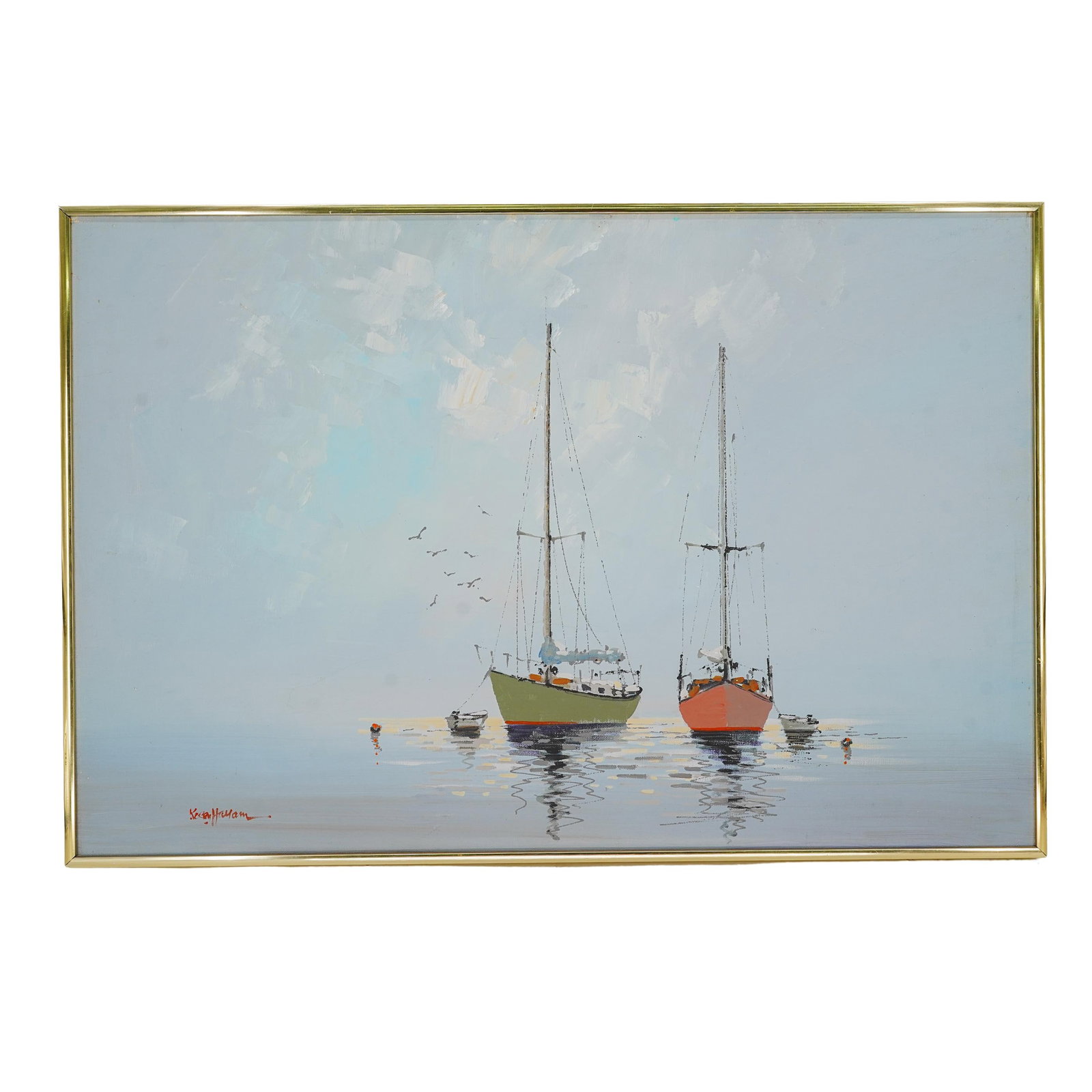 Kerry Hallam (English, 1937-2020) Oil Painting: Kerry Hallam (English, 1937-2020) Oil PaintingLate 20th to early 21st century, EnglandThis oil painting depicts a calm marine scene. In the foreground, two sailboats with tall masts are anchored in st