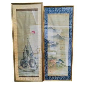 (2 Pcs) Antique Japanese Art Scrolls on Silk