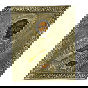Russian Silver 84 Oklad Saint John Travel Icon: Russian Silver 84 Oklad Saint John Travel IconLate 19th Century, Russia19th-century Russian Orthodox travel icon of Saint John. The oklad bears the Russian silver hallmark "84" along with the date "18