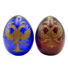 (2 Pc) Pair Of Russian Imperial Glass Gilt Eggs
