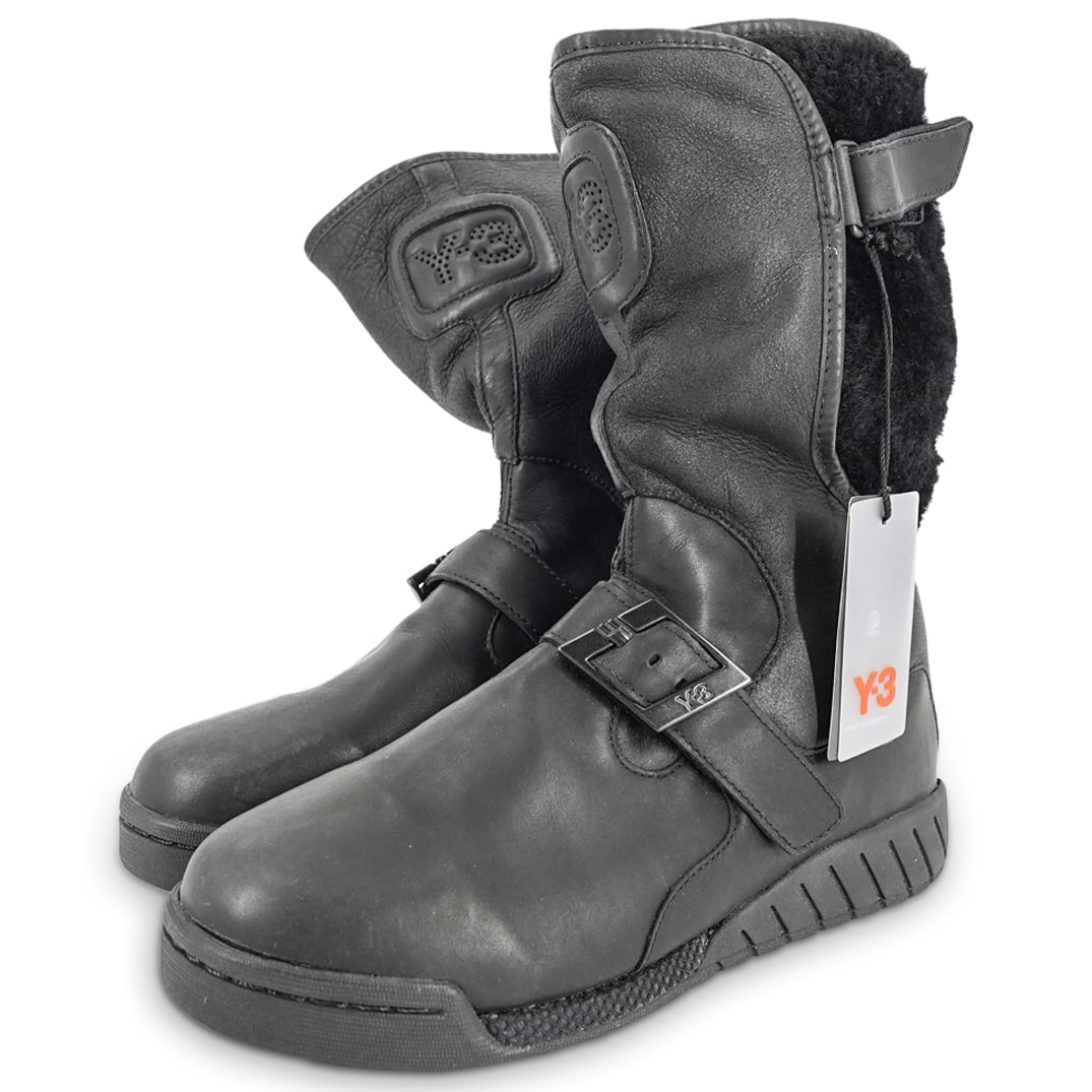Yohji Yamamoto Adidas Y-3 Boots: Yohji Yamamoto Adidas Y-3 Boots21st CenturyPair of black leather Yohji Yamamoto for Adidas Y-3 boots featuring a belt buckle and strap. Tag at the interior "FTY No.APE 779001 Art No. 413310 09/05 BN4F