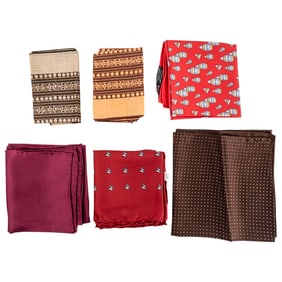 (6 Pc) Vintage Hermes & Other Designer Silk / Cotton Pocket Square Set