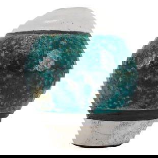 Raku Ceramic Vase, Signed: Raku Ceramic Vase, SignedLate 20th c., ContinentalTwo-tone bulbous vase featuring crackled white glaze at the top and bottom and textured teal in the center. Artist signature on the bottom.8.5"H x 7.5