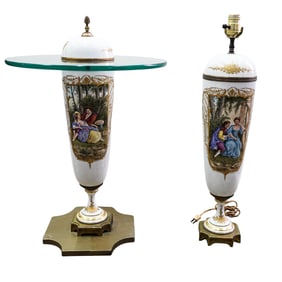 Pair French Sevres Style Lidded Urn and Lamp