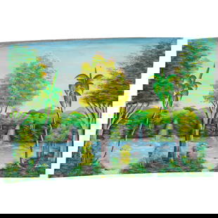 Style Of Celestin Faustin (Haitian, 1948-1981) Acrylic on Canvas: Style Of Celestin Faustin (Haitian, 1948-1981) Acrylic on Canvas20th century, HaitiThe artwork depicts a landscape featuring lush greenery, a river, and multiple small waterfalls. The sky is clear blu