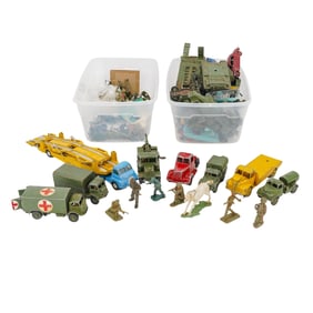 Large Lot of Toy British War Machinery, Soldiers, Cars, and Commercial Vehicles