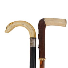 (2 Pc) Antique Wood & Carved Bone Walking Sticks