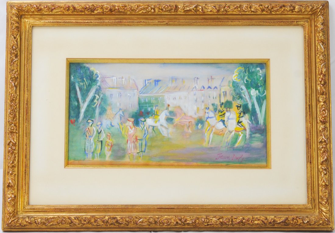 Original "Jean Dufy" framed watercolor painting: DESCRIPTION: Original "Jean Dufy" framed watercolor painting. Depiction of French royalty riding horses and walking leisurely through the courtyard. Wonderful anstract subject. Orginal Christies stick