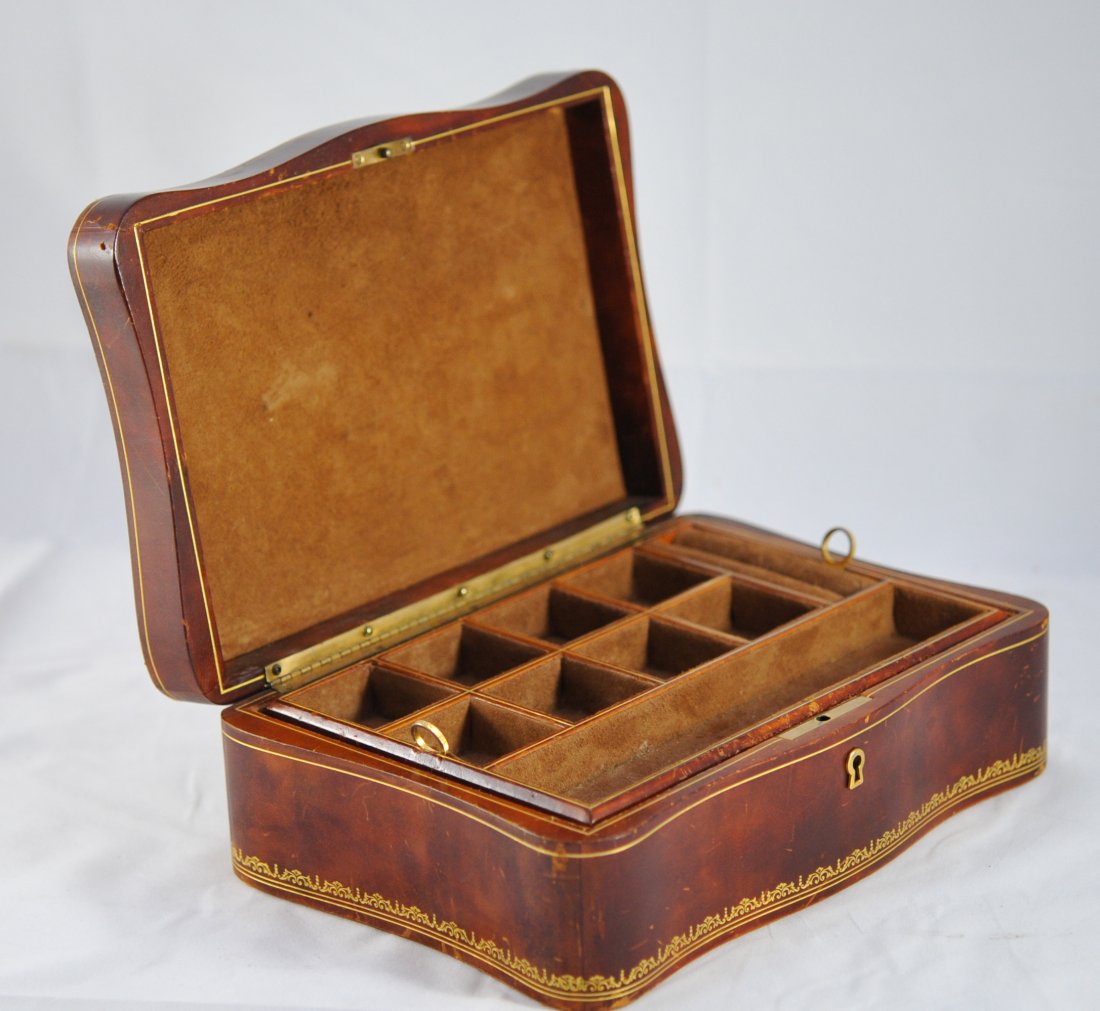 Antique French leather and suede jewelry box