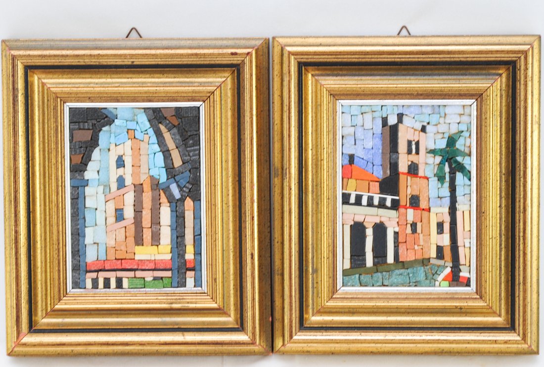Pair of vintage Italian multi stone mosaic plaques: DESCRIPTION: Pair of vintage Italian multi stone mosaic plaques. Pair of framed mosaic plaques featuring carefully placed rough cut stones of turquoise, jade, carnelian, lapis, black onyx and various 