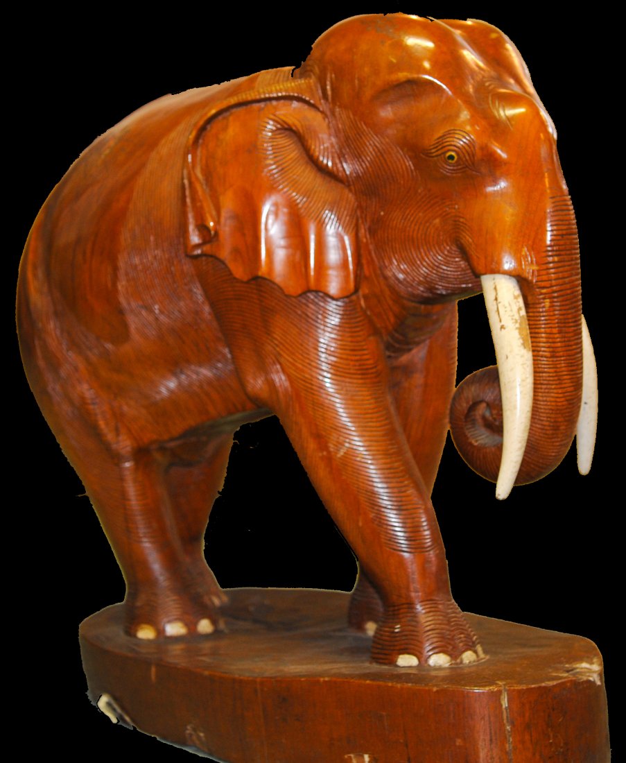 Large Chinese teak hand carved wooden elephant