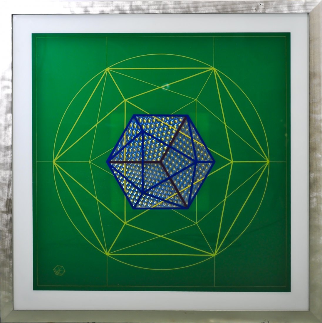 Ernst Lurker play art framed wall hanging: DESCRIPTION: Giant framed wall hanging by Ernst Lurker. Hexagon design with center optical illusion. Metallic wooden frame. Lurker was best known for his role in pioneering play art. Signed "Ernst Lur