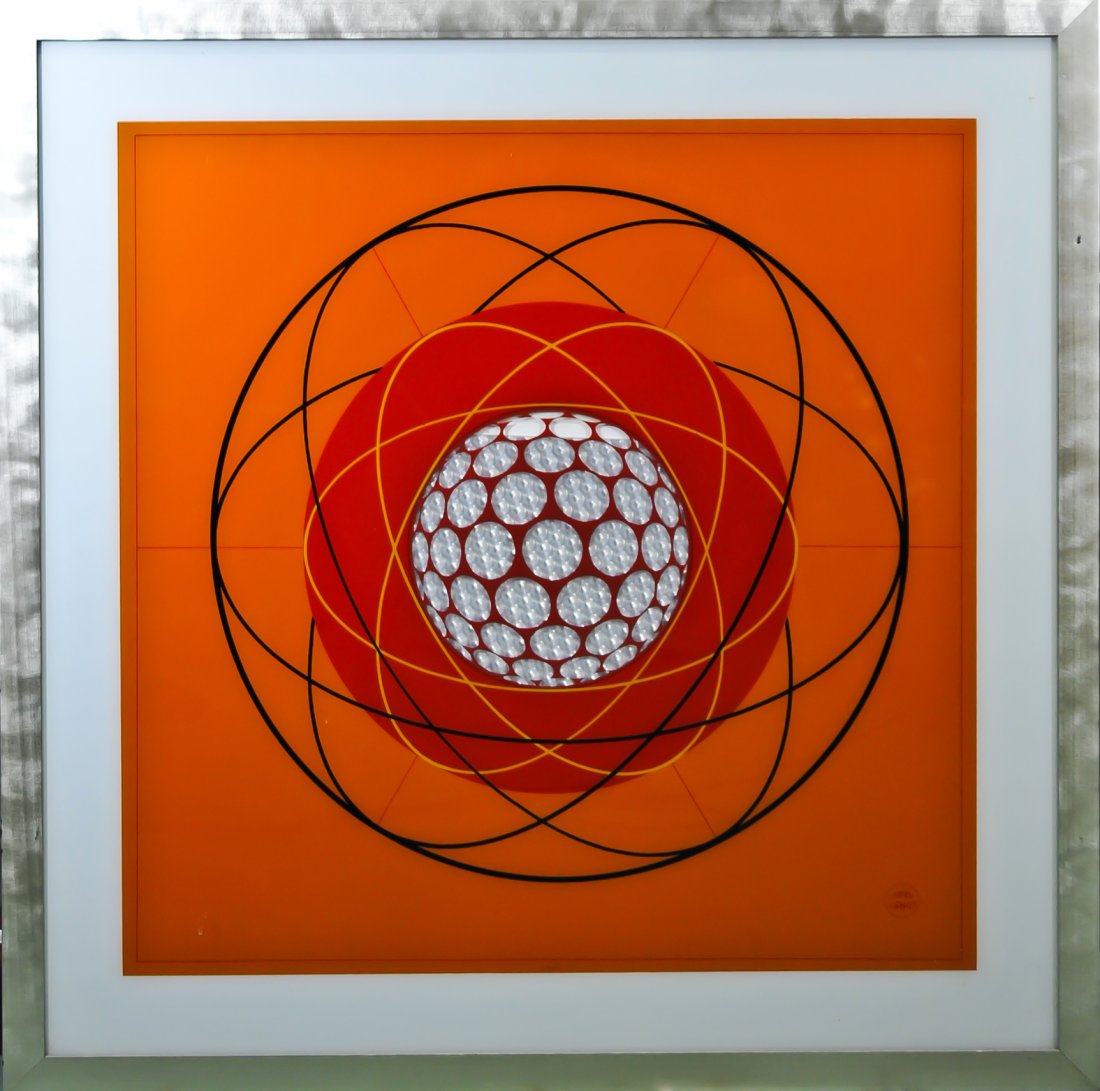 Ernst Lurker play art framed wall hanging. Signed: DESCRIPTION: Large framed wall hanging done by Ernst Lurker. Spirograph design with center optical illusion. Metallic wooden frame. Lurker was best known for his role in pioneering play art. Signed "E