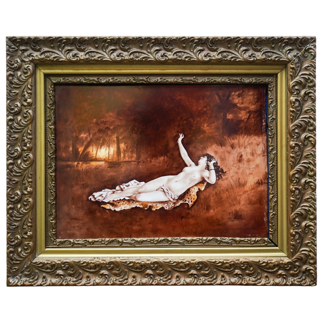 T&V Limoges Signed CM Elliott Hand Painted Plaque: Signed T&V Limoges CM Elliott Hand Painted Plaque1890s-1920s, FranceAntique hand-painted plaque. Features a woman in an outdoor scene lying on a fur. Signed by artist "CM Elliott" near bottom right co