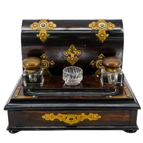 Victorian English Coromandel And Brass Inkwell Standish Letter Box