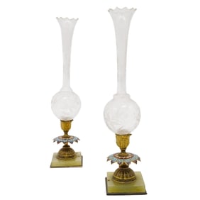 Pair Of French Champleve Enameled Bronze & Glass Bud Vases