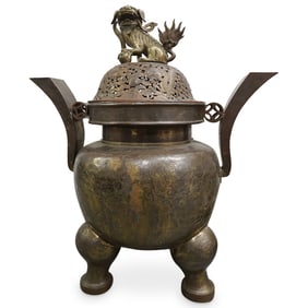 Large Antique Chinese Ding Form Dragon & Lion Censer