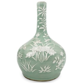 Antique Chinese Export Celadon And Carved Paste Porcelain Bottle Vase
