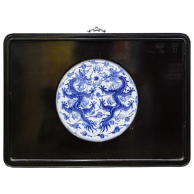 Chinese Blue & White Porcelain Dragon Wall Plaque