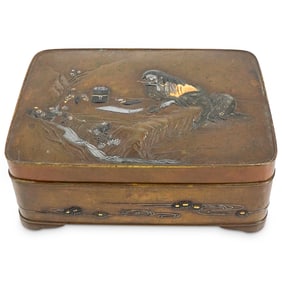 Antique Japanese Meiji Bronze, Silver Overlay Hattori Box