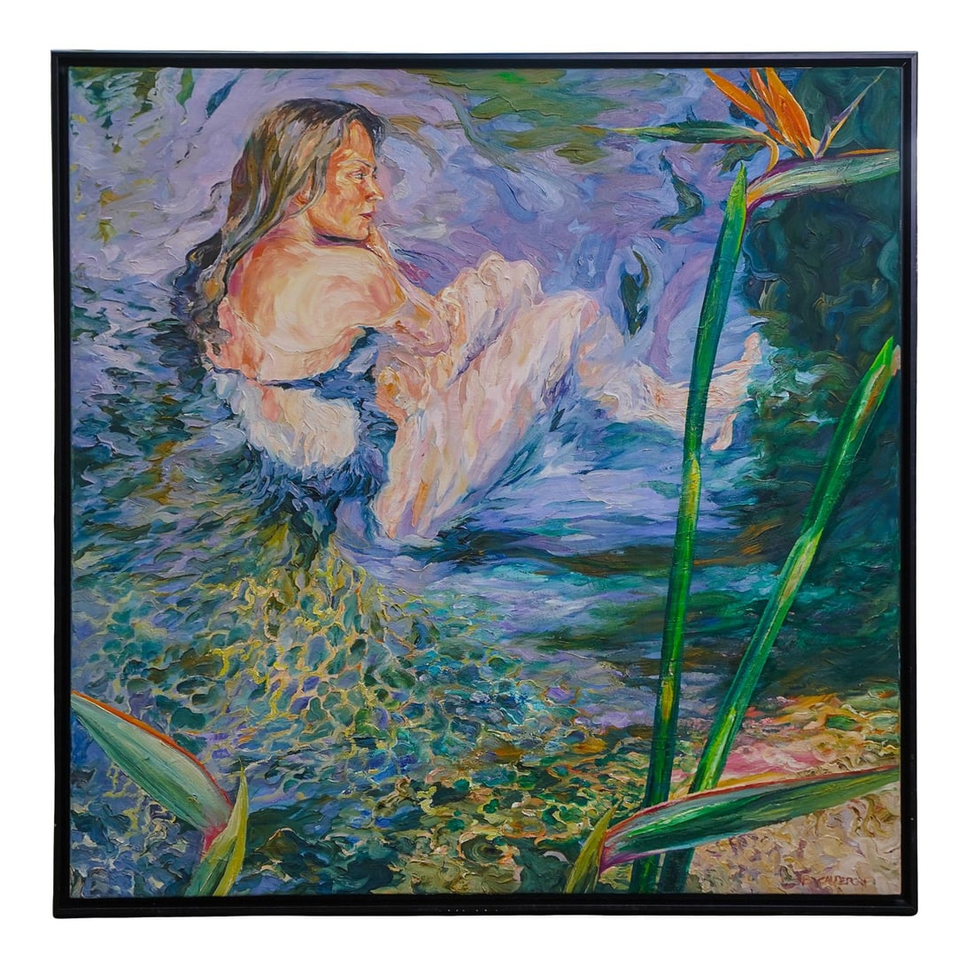 Bernardo Calderon Magallon Oil On Canvas Painting: Bernardo Calderon Magallon Oil On Canvas PaintingMexicoBernardo Calderon Magallon Oil on canvas painting depicting a nude women reclined in a body of water with tropical bird of paradise foliage, sign