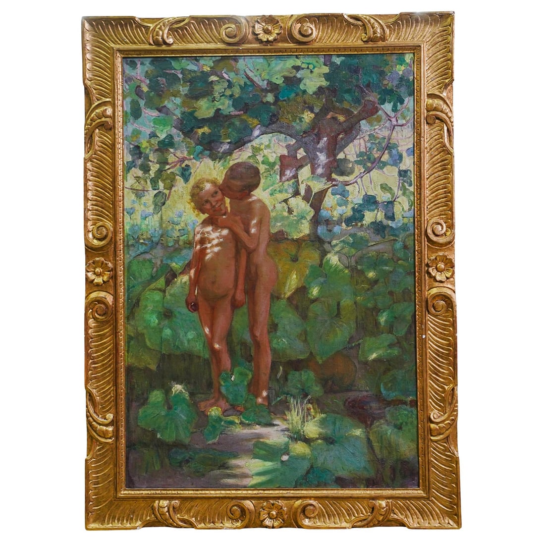 Magnus Enckell (Finnish, 1870-1925) Oil On Canvas Painting: Magnus Enckell (Finnish, 1870-1925) Oil On Canvas Painting19th Century, FinlandMagnus Enckell (Finnish, 1870-1925) Oil on canvas painting, depicting "Adam and Eve" in a lush green scenery. Signed at b