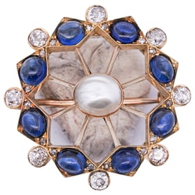 Russian 14k Gold Diamond Sapphire and Pearl Brooch