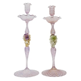 Pair of Antique Purple Venetian Glass Grapes Candlesticks