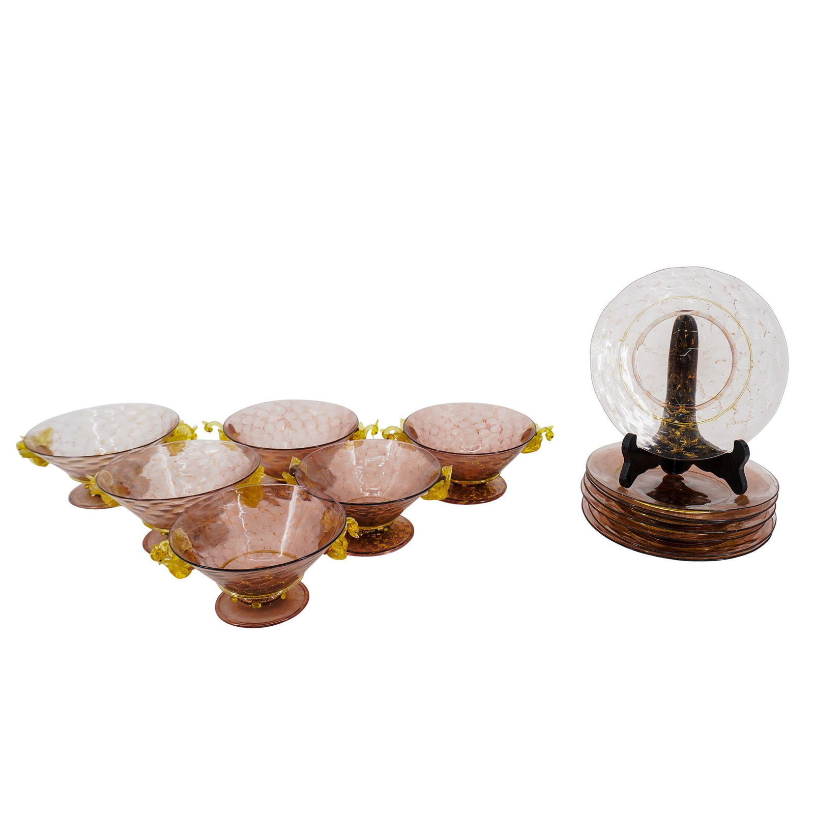 (14 pcs) Venetian Purple Gilded Swan Glass Bowls with Under-plates (1 of 9)
