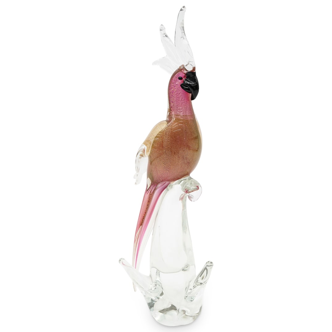 Venetian Murano Glass Cockatoo: Venetian Murano Glass Cockatoo Mid to Late 20th c., Italy Pink and gold flecked glass cockatoo on a clear glass perch. 15.25"H x 5.5"L x 5"W