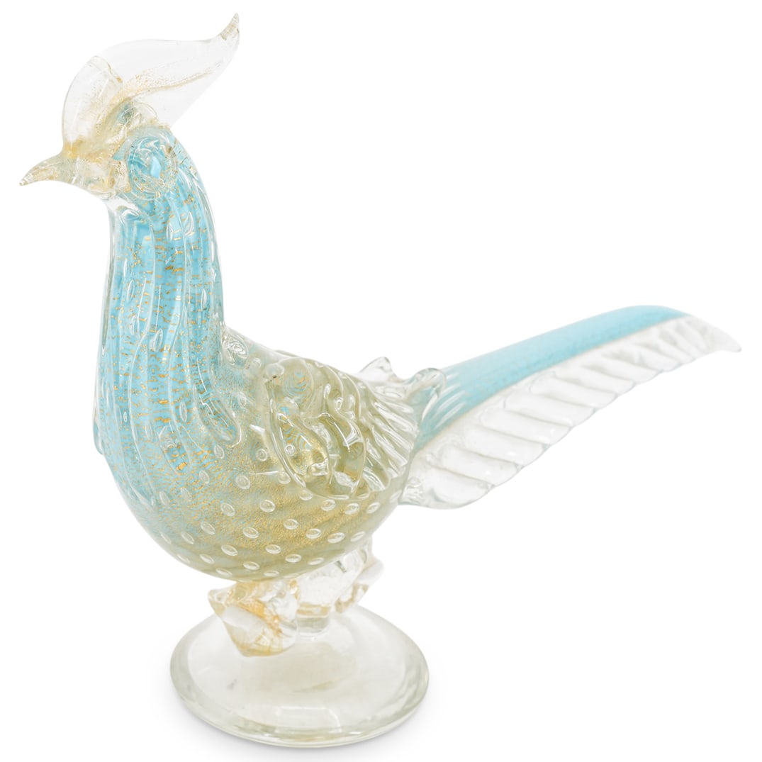 Murano Blue and Gold Glass Pheasant: Murano Blue and Gold Glass Pheasant Mid 20th c., Italy Handmade glass pheasant bird. It is clear and light blue with gold flecks on a clear base. 8.5"H x 14"L x 3.25"W
