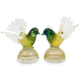 Pair of Murano Green And Gold Birds