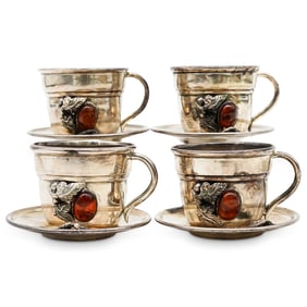 (8 Pc) Sterling Silver & Baltic Amber Demitasse Set