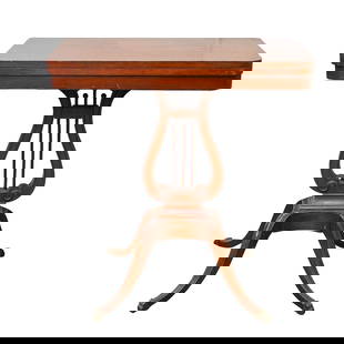 Antique Wood Card Table: Antique Wood Card TableEarly 20th Cent. USAAn antique carved wood card table with swivel, fold-out top, completed with a lyre formed supporting base.(H: 30" x W: 14.5" x L: 29") (Open) L: 29" x W: 29"