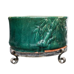 Vintage Asian Green Glazed Ceramic Planter