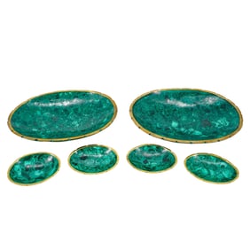 (6 Pc) Malachite & Brass Bowl Dishes Set