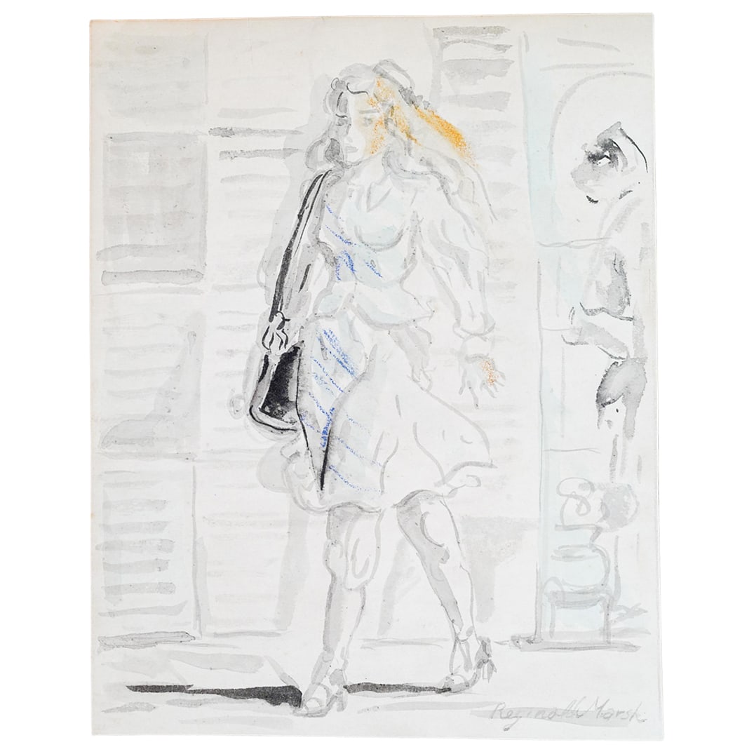 Reginald Marsh (American, 1898-1954) Watercolor On Paper: Reginald Marsh (American, 1898-1954) Watercolor On PaperEarly 20th Century, USAReginald Marsh (American, 1898-1954) Watercolor on paper, depicting a female figure wearing a skirt suit and hat walking