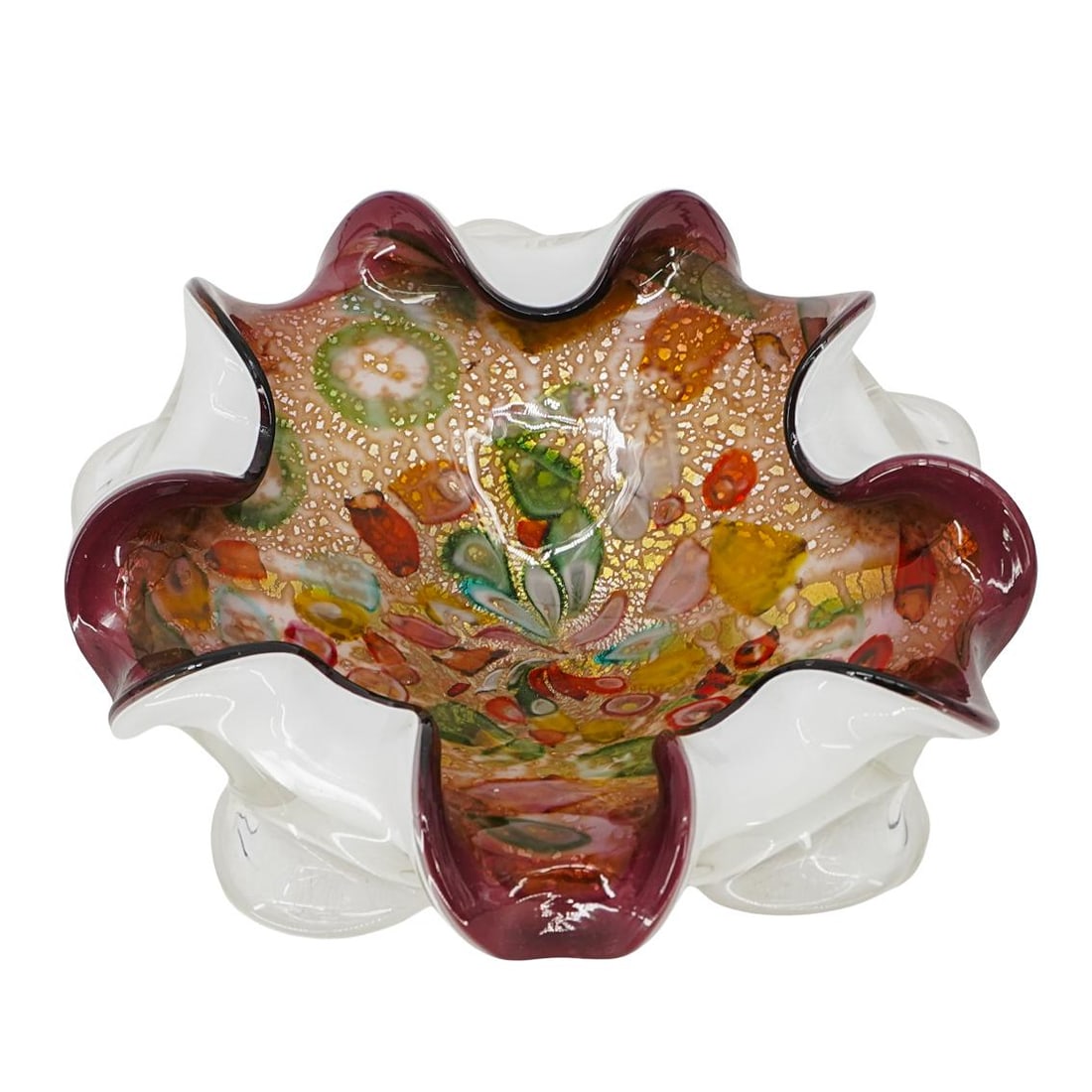 Murano Art Glass Ruffled Bowl: Murano Art Glass Ruffled Bowl 20th century, Italy A multicolored Murano art glass bowl with a ruffled, wavy edge and vibrant internal decoration. H: 2 3/4" D: 9 1/2"