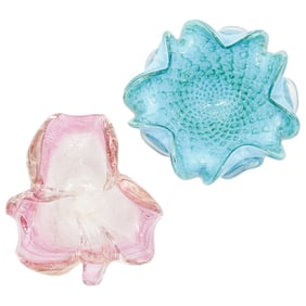 (2 Pc) Murano Blue And Pink Flower Bowls