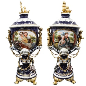 Pair of Sevres Style Louis XVI Porcelain Lidded Urns