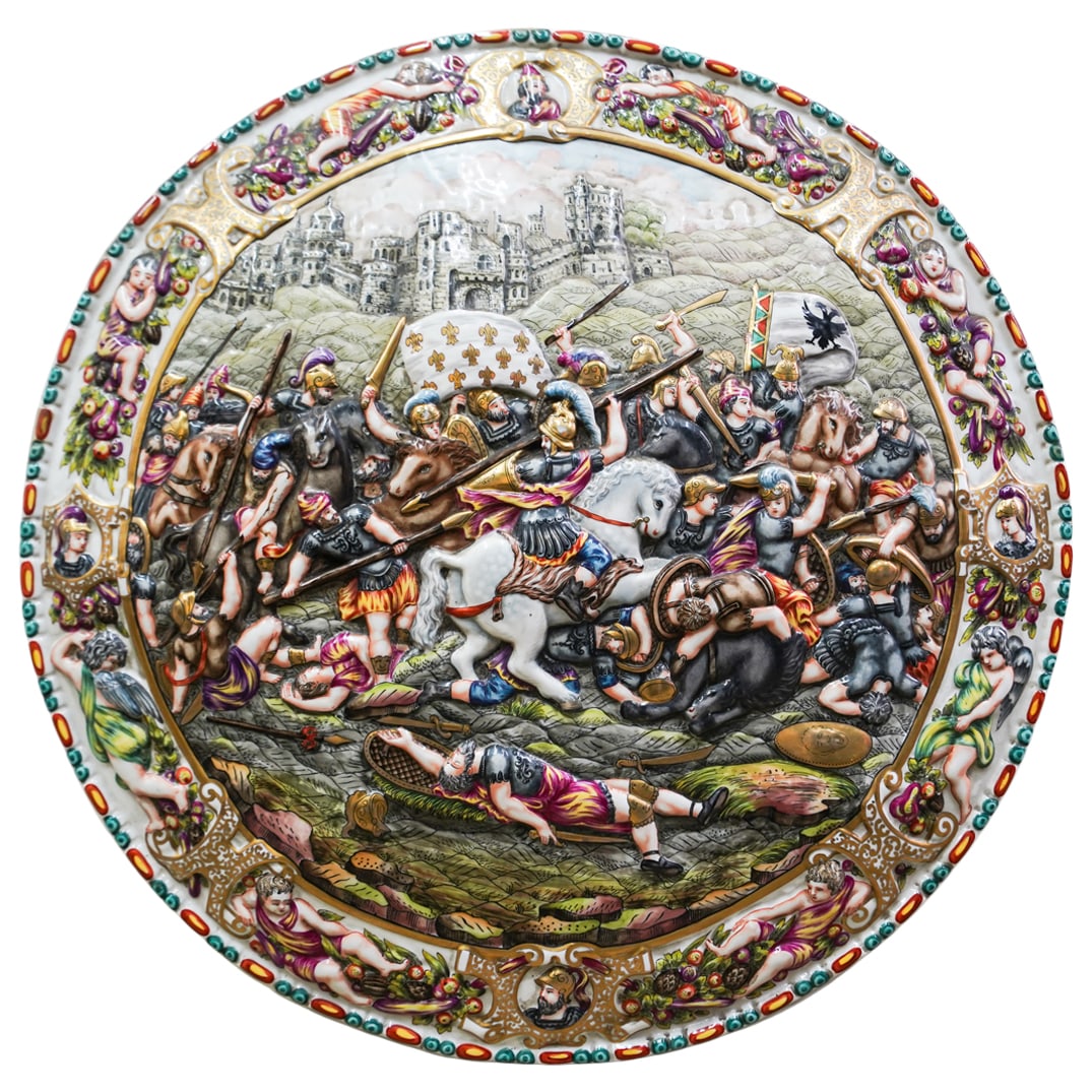 Antique Italian Capodimonte Painted Porcelain Pictorial Shield: Antique Italian Capodimonte Painted Porcelain Pictorial ShieldEarly 20th Century, Italian.Antique Italian Capodimonte Painted Porcelain Pictorial Shield. Depicting a hand-painted and gilded figurative