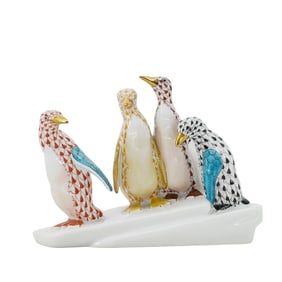 Herend Porcelain "Penguins on Ice" Multicolor Fishnet Figurine