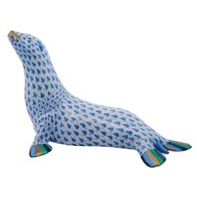 Herend Porcelain Blue Fishnet "Lion Seal" Figurine